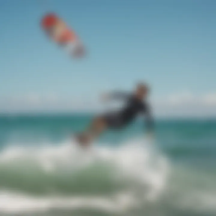 A skilled kite surfer executing an advanced trick over the waves.