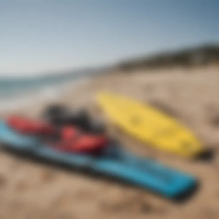 Kiteboarding gear laid out on the sandy beach