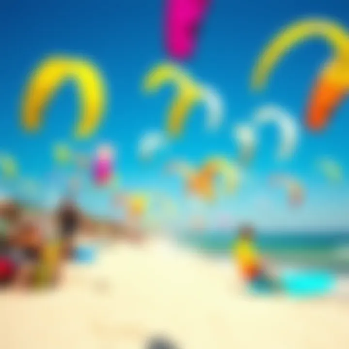 Colorful Kiteboarding Beach Scene A vibrant kiteboarding beach scene filled with colorful kites