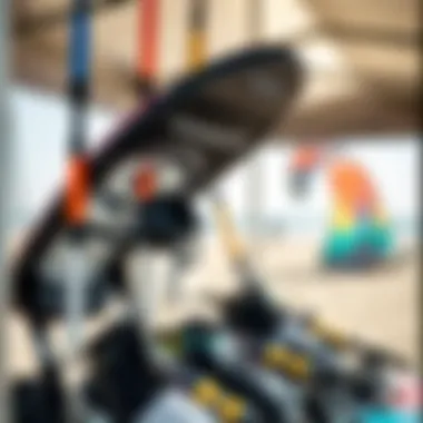 Kiteboarding Gear Display Close-up of high-quality kiteboarding gear displayed on the beach