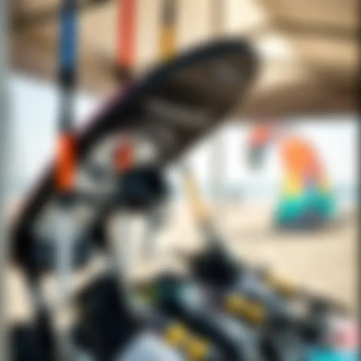 Kiteboarding Gear Display Close-up of high-quality kiteboarding gear displayed on the beach