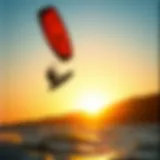 A scenic view of kiteboarding at sunset in California