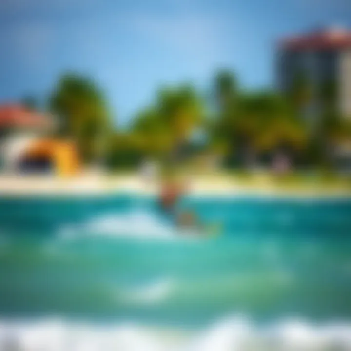 A kiteboarder riding the waves near Coconut Bay Beach Resort, capturing the thrill of the sport
