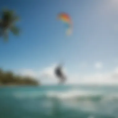 An exhilarating scene of kiteboarding on the Caribbean Sea with vibrant kites soaring high