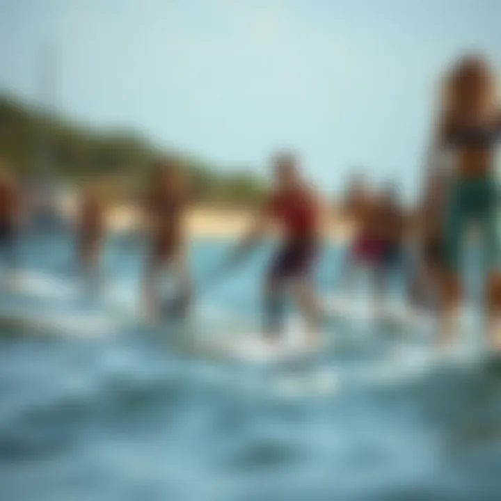 Enthusiasts Engaging in Foil SUP Boarding A diverse group of enthusiasts enjoying foil SUP boarding