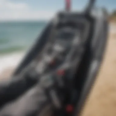 A detailed view of a high-performance seat harness for kiteboarding showcasing its features and design.