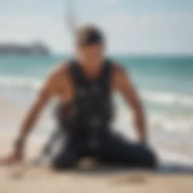 A kiteboarder adjusting their harness on the beach, demonstrating the importance of proper fit.