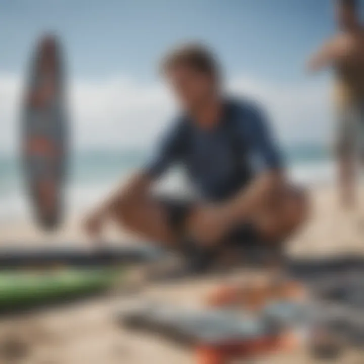 Kiteboarder selecting gear at a beach shop