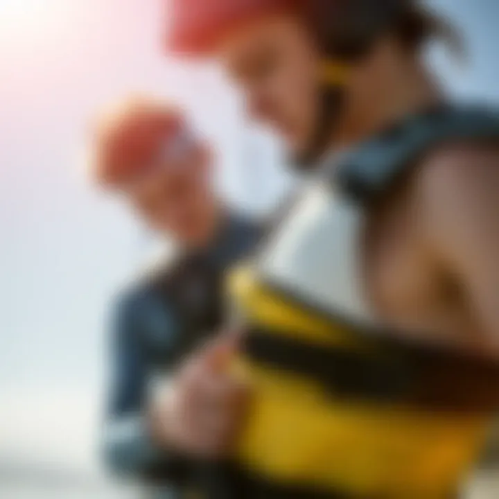 Importance of Vest Fit in Kiteboarding Kiteboarder checking the fit of a vest before riding