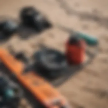 Kitesurfing gear neatly organized, showcasing different equipment essentials