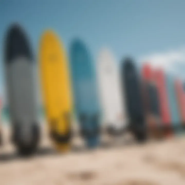 An array of kitesurfing boards displayed on a sandy beach