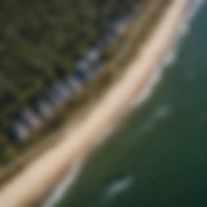 Aerial view of a popular kiteboarding spot showcasing wind patterns and rider activity