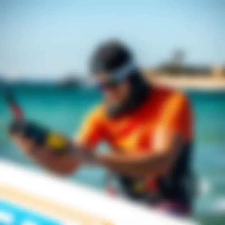 Kiteboarder Evaluating Wind Conditions Kiteboarder using wind meter to check conditions