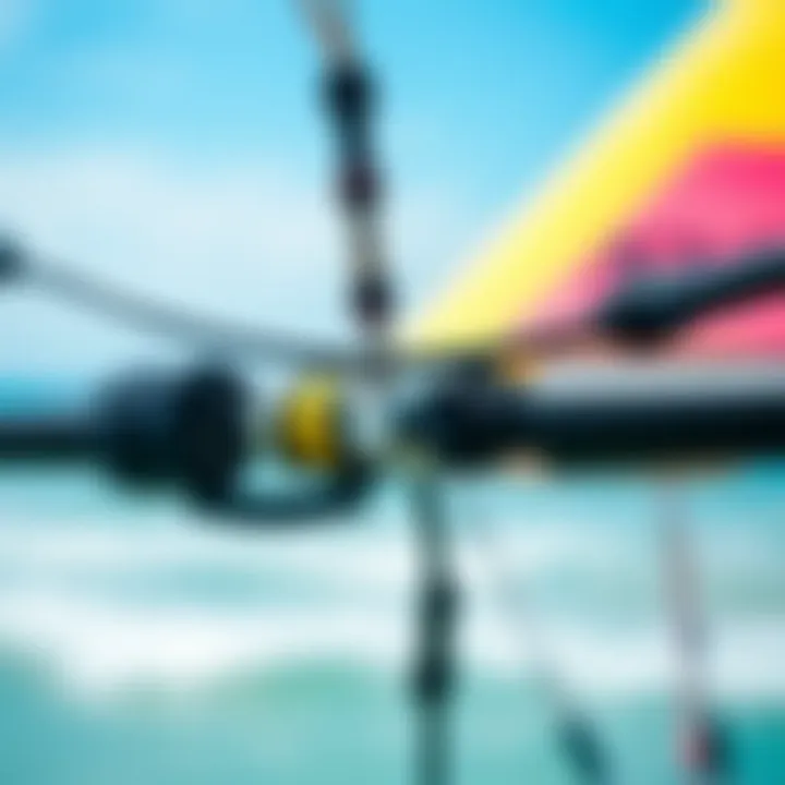 Detailed view of a kiteboarding control bar showcasing its components