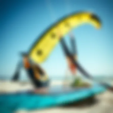 Close-up of specialized nekitesurfing gear including kite and board