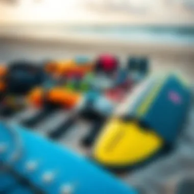 An array of kitesurfing gear laid out on the beach