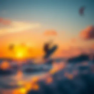 A vibrant kitesurfing scene at sunset