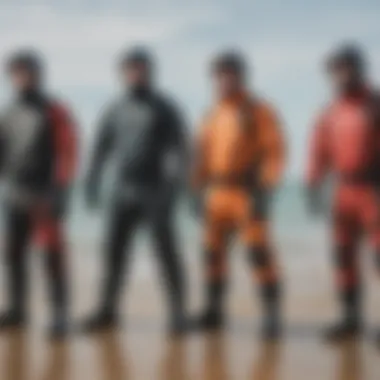 Dry suits featured in a lineup for comparison