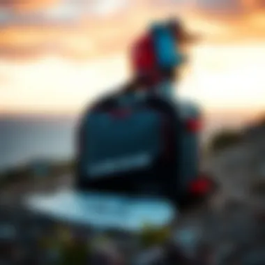 User Insights and Experiences User testimonials about the Dakine Kite Compression Bag displayed alongside the bag in a scenic setting.
