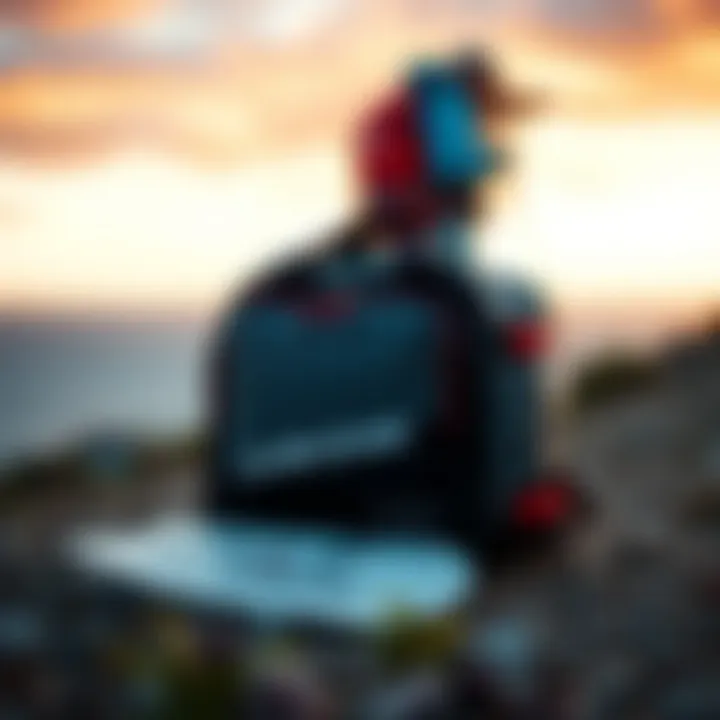 User Insights and Experiences User testimonials about the Dakine Kite Compression Bag displayed alongside the bag in a scenic setting.