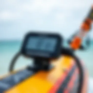 Digital Wind Speed Indicator on Kiteboard A sleek digital wind speed indicator mounted on a kiteboard