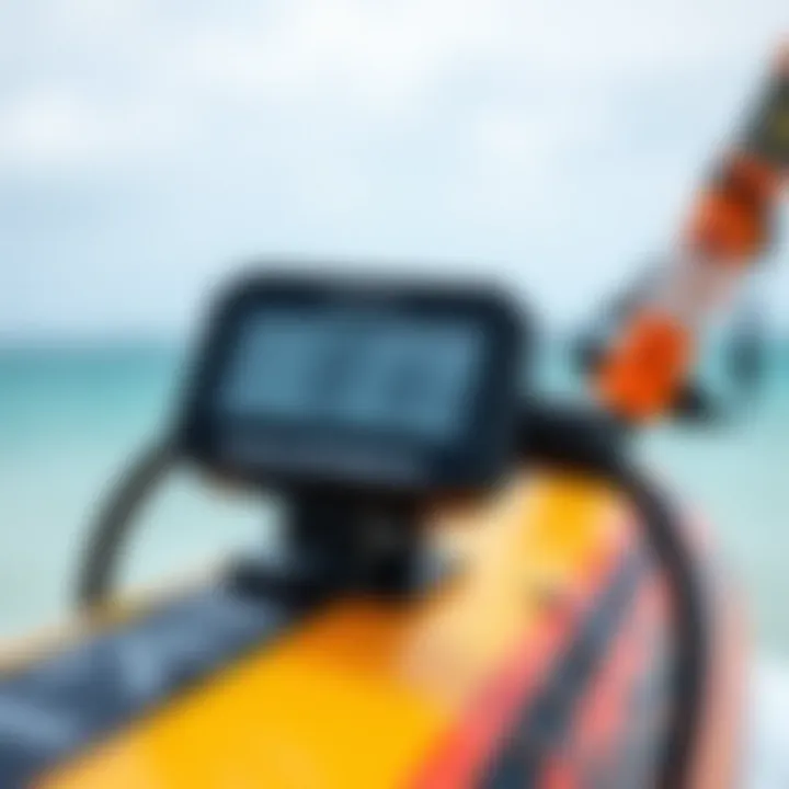 Digital Wind Speed Indicator on Kiteboard A sleek digital wind speed indicator mounted on a kiteboard