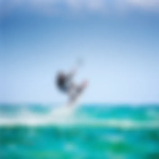 A kiteboarder executing a chop hop maneuver above the water surface