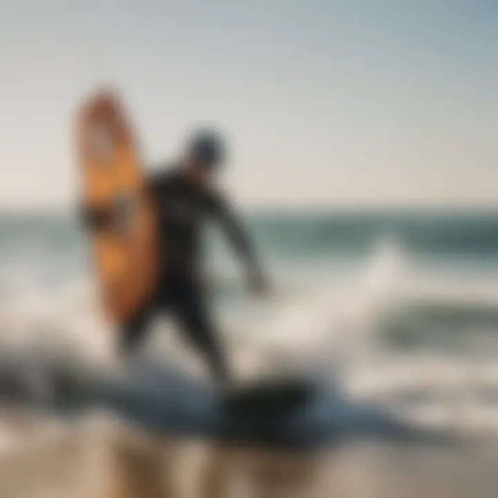 A kiteboarder adjusting their gear on the shore, with a backdrop of waves and wind