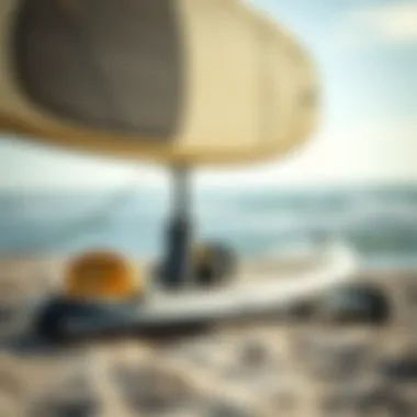 Eco-friendly paddling gear displayed on a sandy beach