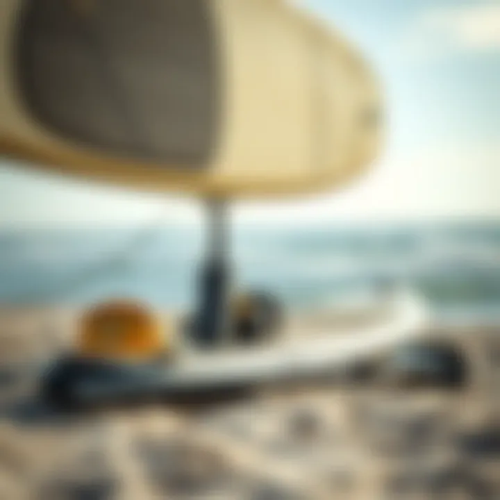 Eco-friendly paddling gear displayed on a sandy beach