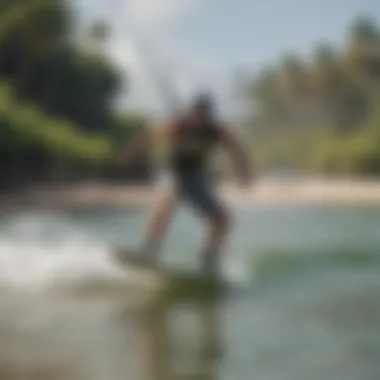 A picturesque beach scene highlighting the integration of electric water boards into kiteboarding