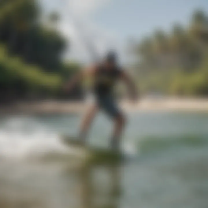 A picturesque beach scene highlighting the integration of electric water boards into kiteboarding