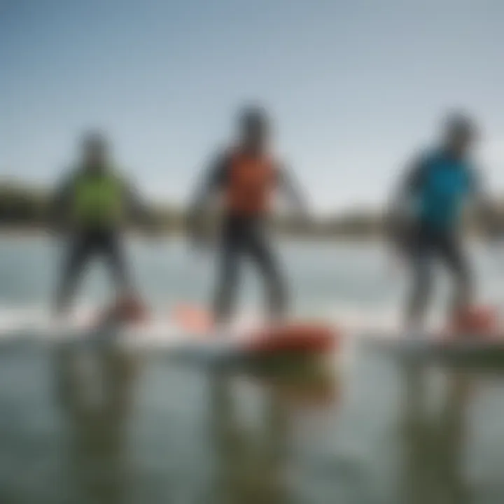 A group of diverse kiteboarders testing out electric water boards in dynamic conditions