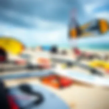 Kiteboarding Equipment Overview A detailed display of kiteboarding equipment laid out on the beach