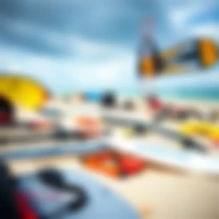 Kiteboarding Equipment Overview A detailed display of kiteboarding equipment laid out on the beach