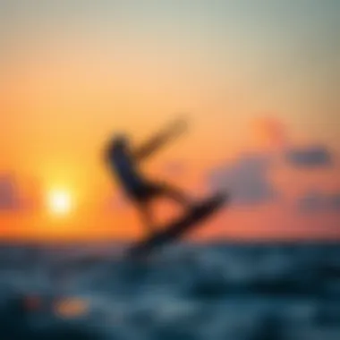 Kiteboarding at Sunset in Miami A kiteboarder skillfully maneuvering against a sunset backdrop