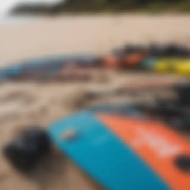 A close-up of vibrant kiteboarding gear laid out on the beach.