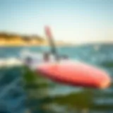 A detailed view of a hydrofoil board showcasing its sleek design and materials.