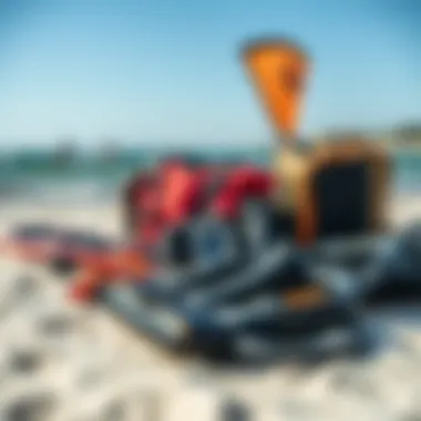 Essential Kitesurfing Gear The essential gear laid out on the beach ready for kitesurfing
