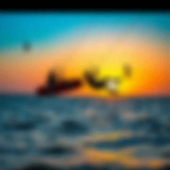 Kitesurfing at Sunset A stunning sunset view of kitesurfers gliding gracefully across the water