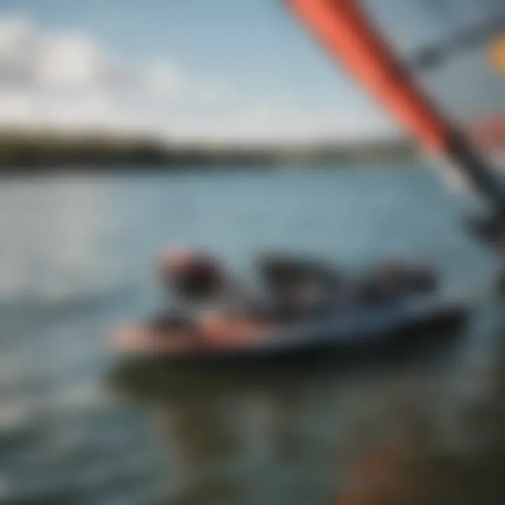 Close-up view of specialized foiling equipment used in kiteboarding.