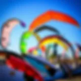 Different models of foil kites displayed in a vibrant setting