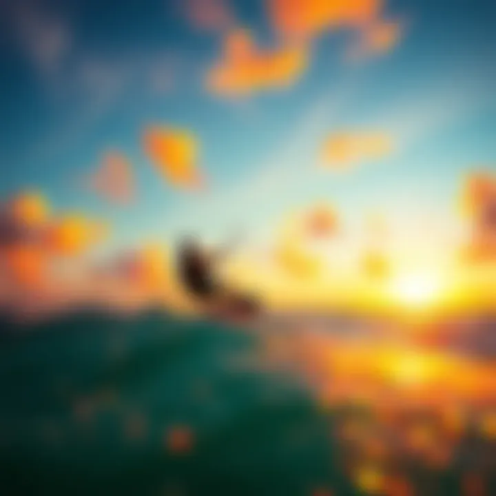 Sunset view of kiteboarding with vibrant colors
