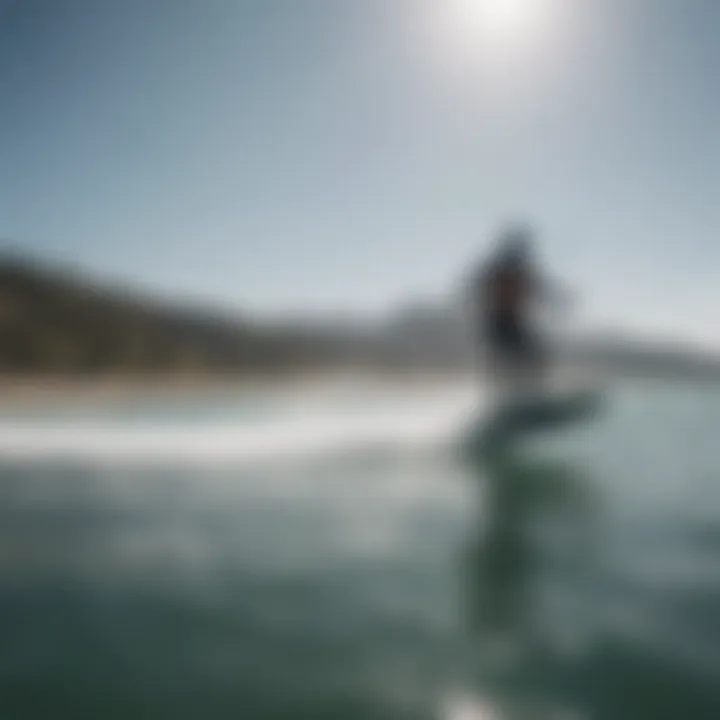 A scenic view of a kiteboarding session with hydro foiling in action.