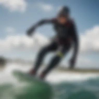 Kiteboarder demonstrating the protective gear in action on the water.