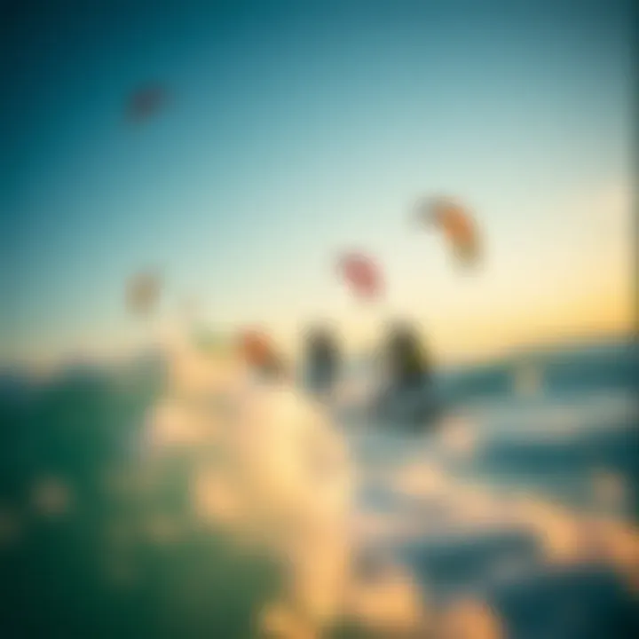 Kiteboarders in Action An aerial shot of kiteboarders gliding over waves with various kite sails
