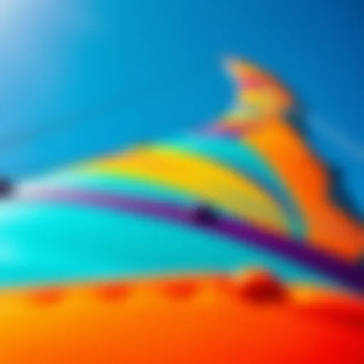 A close-up view of a colorful kite sail against a clear blue sky