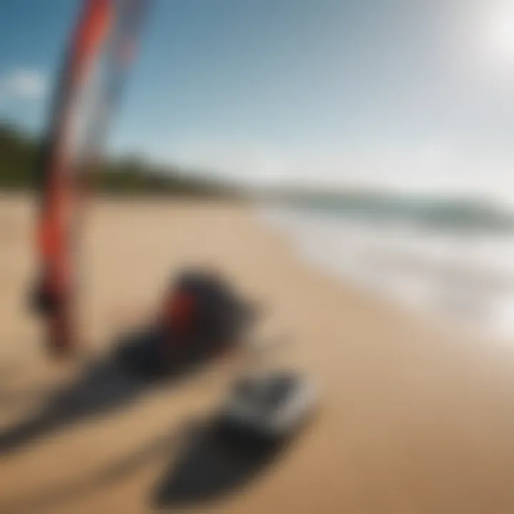 Essential kite surfing gear displayed on a sandy shore