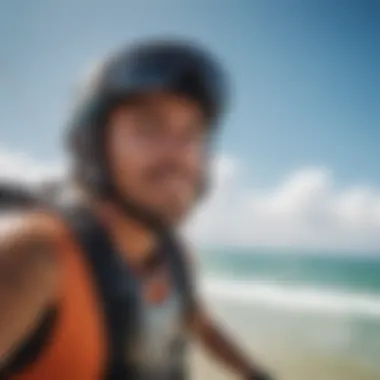 A close-up of a kiteboarding enthusiast preparing for an exhilarating ride.