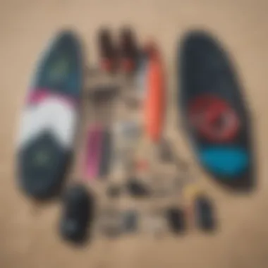 Essential kiteboarding gear laid out on the beach, ready for use.